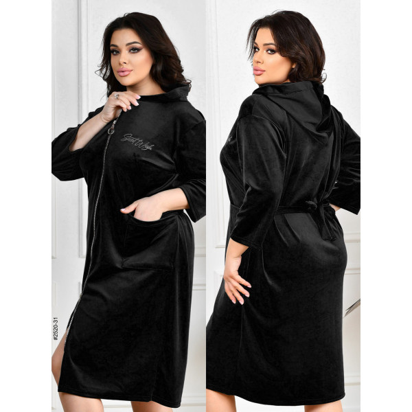 2520-31 Халат жіночий на блискавці з поясом велвелюр батал (3 од: 52-54,56-58,60-62)