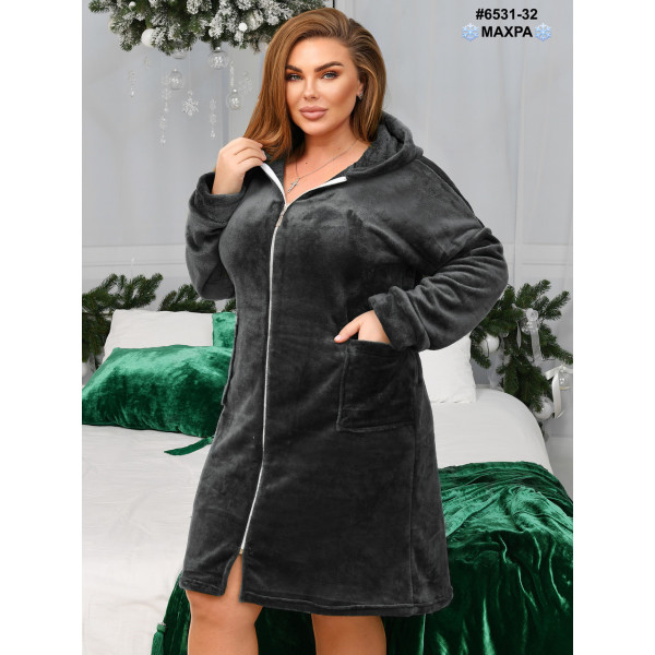 6531-32 Халат жіночий на блискавці з поясом махра напівбатал (3 од: 44-46,48-50,52-54)