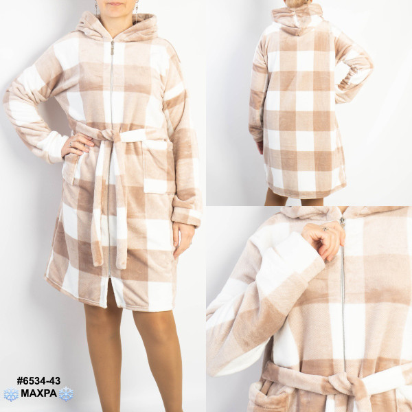 6534-43 Халат жіночий на блискавці з поясом махра напівбатал (3 од: 44-46,48-50,52-54)