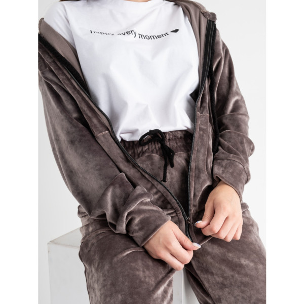 0521-21 коричневий жіночий спортивний костюм на манжеті (5'TH AVENUE, велюровий, з капюшоном, 3 од. розміри норма: 42. 44. 46)