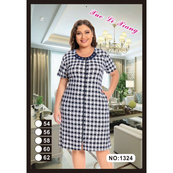 1324 синий женский халат (вискоза, принт, на змейке + завязки, карманы, 5 ед, размеры батал: 54, 56, 58, 60, 62) Халат