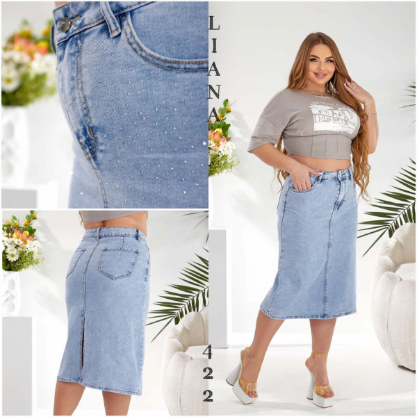 0422# голубая женская джинсовая юбка с камнями (стрейч-коттон, 6 ед, размеры батал: 32-42) выдача на следующий день Liana