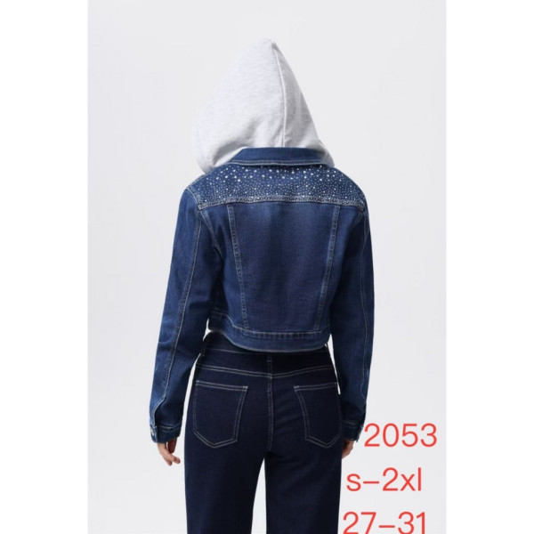 2053# синяя женская джинсовая куртка с камнями (стрейч-коттон, 6 ед, размеры норма: S-2XL) выдача на следующий день New Jeans