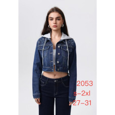 2053# синяя женская джинсовая куртка с камнями (стрейч-коттон, 6 ед, размеры норма: S-2XL) выдача на следующий день New Jeans