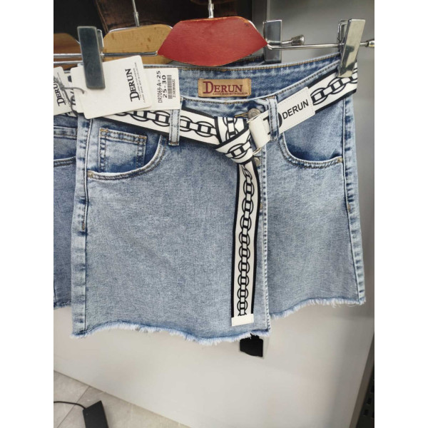 7069# голубые женские джинсовые шорты-юбка(Derun, стрейч, 6 ед, размеры норма: 25-30) выдача на следующий день Derun
