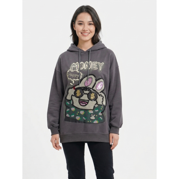 82330-6 серый женский худи (двухнитка, принт, с капюшоком, 1 ед, универсальный размер норма : S/XL) Худи