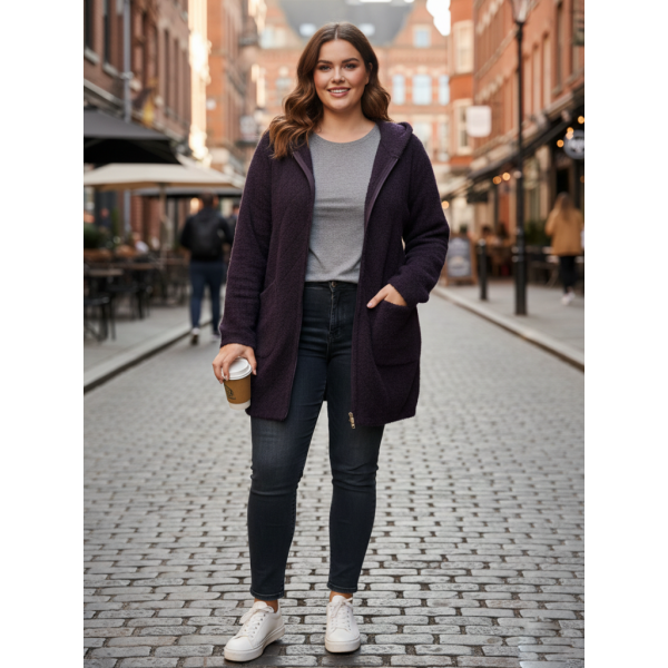 0567-13 темно-фиолетовый женский кардиган (шерсть альпаки, с капюшоном, на змейке, 1 ед. универсальный полубатальный размер: 46-52) Альпака