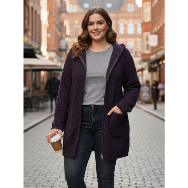 0567-13 темно-фиолетовый женский кардиган (шерсть альпаки, с капюшоном, на змейке, 1 ед. универсальный полубатальный размер: 46-52) Альпака
