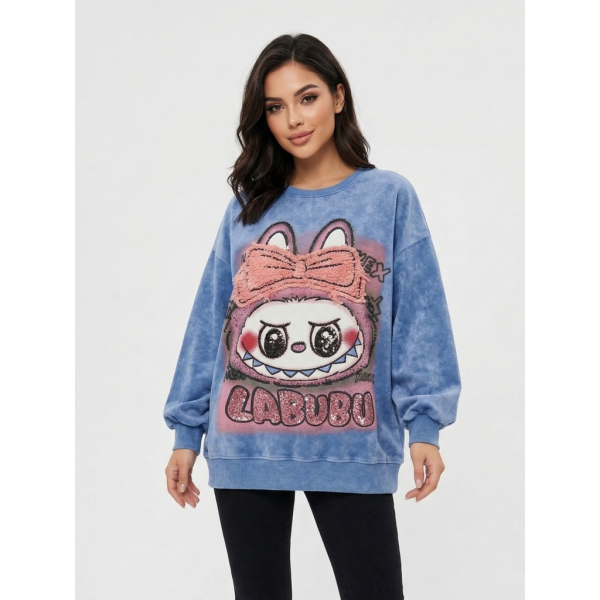 2319-42 голубой женский свитшот (двухнитка, варка, принт+нашивка, 1 ед, универсальный размер норма : S/XL) Свитшот