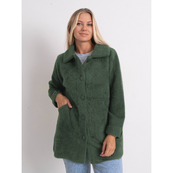 0562-7 зеленый женский кардиган (шерсть альпаки, на пуговицах, 1 ед. универсальный полубатальный размер: 46-52) Кардиган