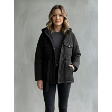 0519-1 чорна жіноча куртка (синтепон, з капюшоном, затяжки на поясі, 5 од., розміри норма: M. L.XL. 2XL. 3XL)