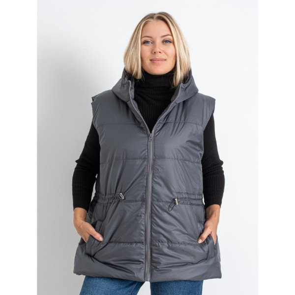 0752-6 сіра жіноча жилетка (5'TH AVENUE, синтепон, з капюшоном, 3 од. розміри батал: 54. 56. 58)