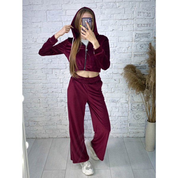 0475-55 бордовый женский спортивный костюм (5'TH AVENUE, велюровый, с капюшоном, 4 ед. размеры норма: 42. 44. 46. 48)