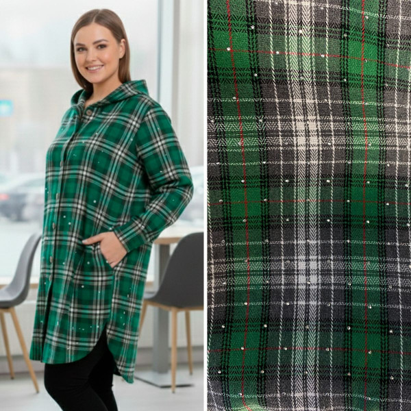 7757-7 зелена жіноча сорочка (JJF. з камінням та капюшоном, подовжена, 4 од., розміри напівбатал: 3XL, 4XL, 5XL, 6XL)