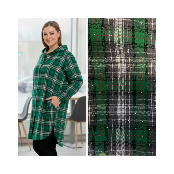 7757-7 зелена жіноча сорочка (JJF. з камінням та капюшоном, подовжена, 4 од., розміри напівбатал: 3XL, 4XL, 5XL, 6XL)