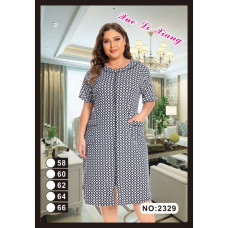 2329 синий женский халат (вискоза, принт, на змейке + завязки, карманы, 5 ед, размеры батал: 58, 60, 62, 64, 66) Халат