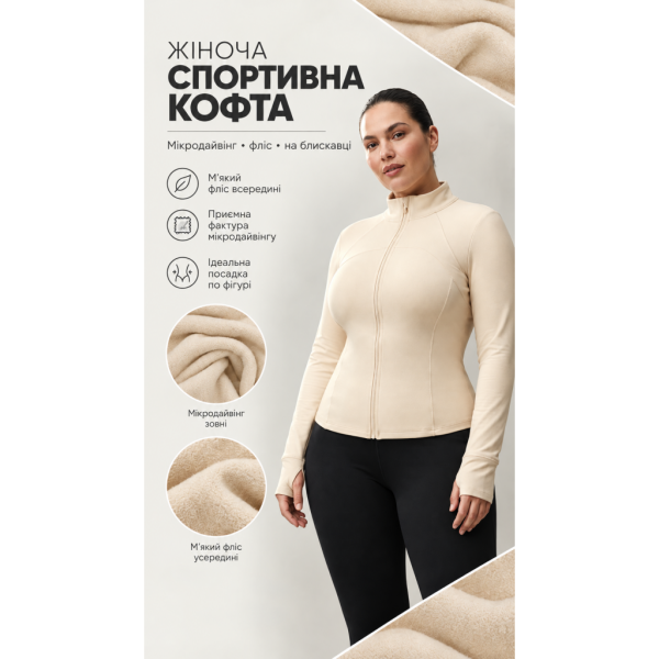 7051-104 Жіноча спортивна кофта на флісі молочна (1165700)