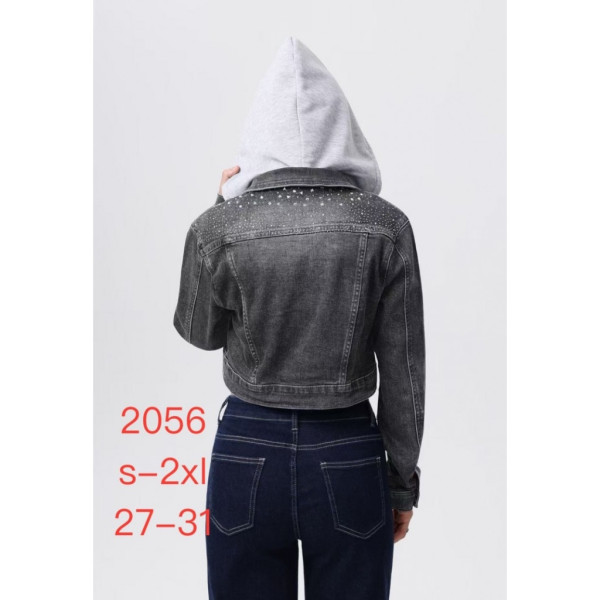 2056# серая женская джинсовая куртка с камнями (стрейч-коттон, 6 ед, размеры норма: S-2XL) выдача на следующий день New Jeans