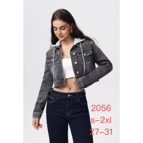 2056# серая женская джинсовая куртка с камнями (стрейч-коттон, 6 ед, размеры норма: S-2XL) выдача на следующий день New Jeans
