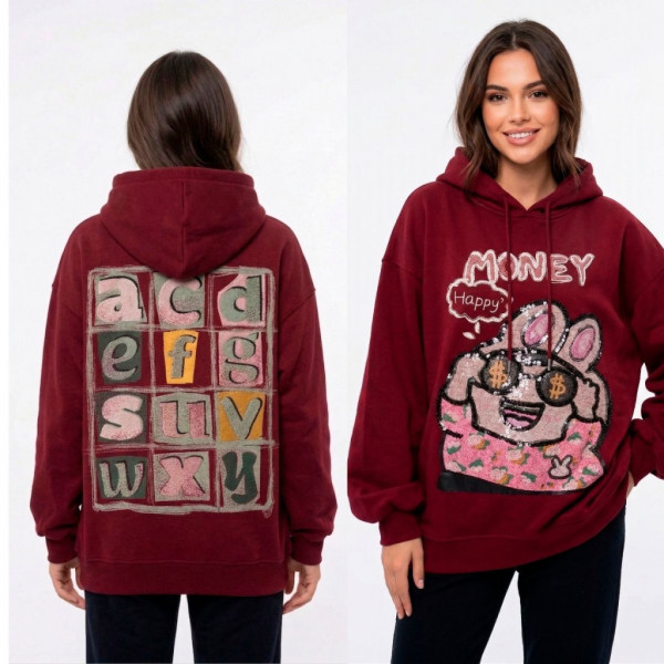 82330-5 бордовый женский худи (двухнитка, принт, с капюшоком, 1 ед, универсальный размер норма : S/XL) Худи