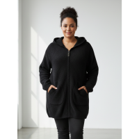0567-1 черный женский кардиган (шерсть альпаки, с капюшоном, на змейке, 1 ед. универсальный полубатальный размер: 46-52) Альпака