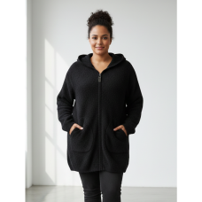 0567-1 черный женский кардиган (шерсть альпаки, с капюшоном, на змейке, 1 ед. универсальный полубатальный размер: 46-52) Альпака