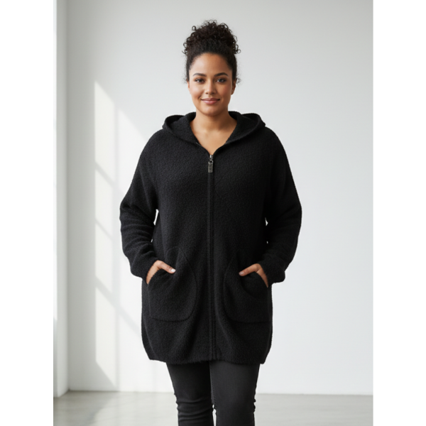 0567-1 черный женский кардиган (шерсть альпаки, с капюшоном, на змейке, 1 ед. универсальный полубатальный размер: 46-52) Альпака