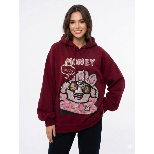 82330-5 бордовый женский худи (двухнитка, принт, с капюшоком, 1 ед, универсальный размер норма : S/XL) Худи