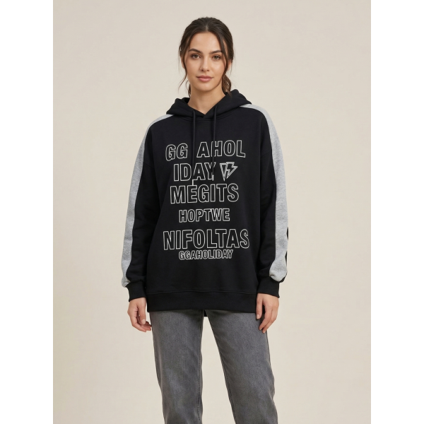 3301-1 черный женский батник (двухнитка, с капюшоном , 1 ед, универсальный размер норма : M/XL) Батник