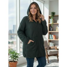 0567-7 зеленый женский кардиган (шерсть альпаки, с капюшоном, на змейке, 1 ед. универсальный полубатальный размер: 46-52) Альпака