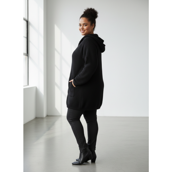 0567-1 черный женский кардиган (шерсть альпаки, с капюшоном, на змейке, 1 ед. универсальный полубатальный размер: 46-52) Альпака