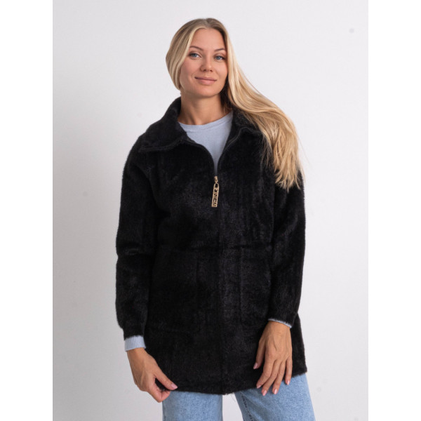 0565-1 черный женский кардиган (шерсть альпаки, на змейке, 1 ед. универсальный полубатальный размер: 48-52) Кардиган