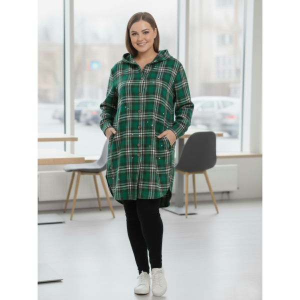 7757-7 зелена жіноча сорочка (JJF. з камінням та капюшоном, подовжена, 4 од., розміри напівбатал: 3XL, 4XL, 5XL, 6XL)