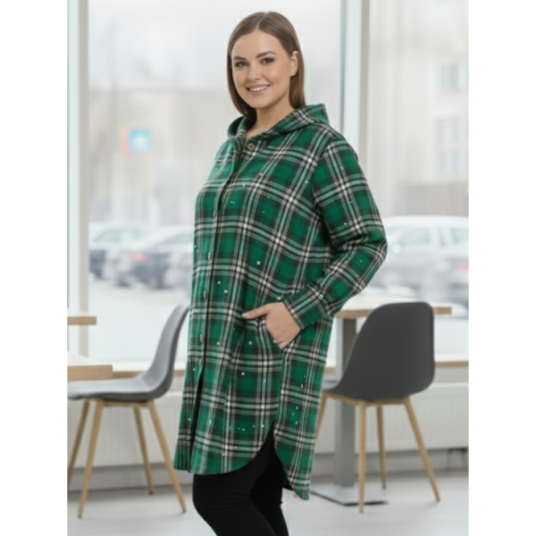7757-7 зелена жіноча сорочка (JJF. з камінням та капюшоном, подовжена, 4 од., розміри напівбатал: 3XL, 4XL, 5XL, 6XL)