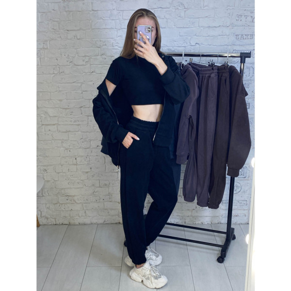 0737-1 черный женский спортивный костюм (5'TH AVENUE,турецкий полар-флис 3 ед. размеры норма: 42, 44, 46)