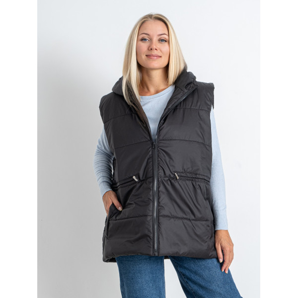 0752-1 чорна жіноча жилетка (5'TH AVENUE, синтепон, з капюшоном, 3 од. розміри батал: 54. 56. 58)