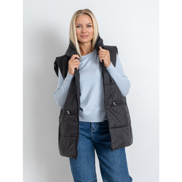 0752-1 чорна жіноча жилетка (5'TH AVENUE, синтепон, з капюшоном, 3 од. розміри батал: 54. 56. 58)