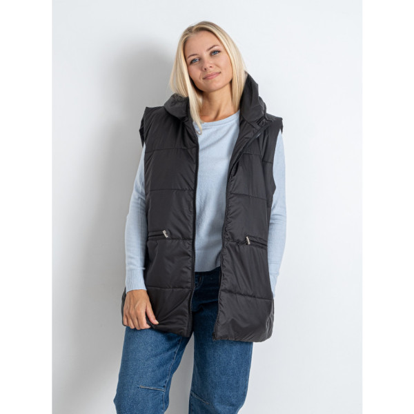 0752-1 чорна жіноча жилетка (5'TH AVENUE, синтепон, з капюшоном, 3 од. розміри батал: 54. 56. 58)