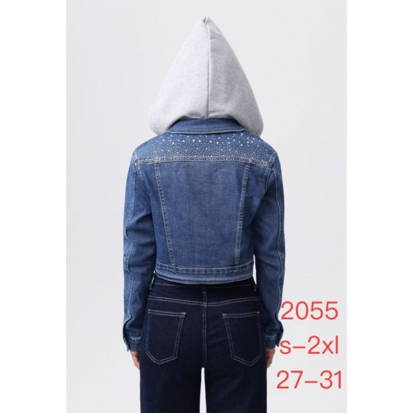 2055# голубая женская джинсовая куртка с камнями (стрейч-коттон, 6 ед, размеры норма: S-2XL) выдача на следующий день New Jeans