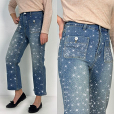 7018-5 голубые женские джинсы с камнями (New Jeans, укороченые, стрейчевые, 5 ед, размеры норма:26. 27. 29. 30, 31) Джинсы