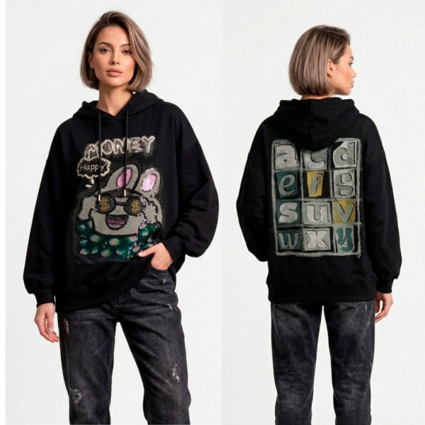 82330-1 черный женский худи (двухнитка, принт, с капюшоком, 1 ед, универсальный размер норма : S/XL) Худи