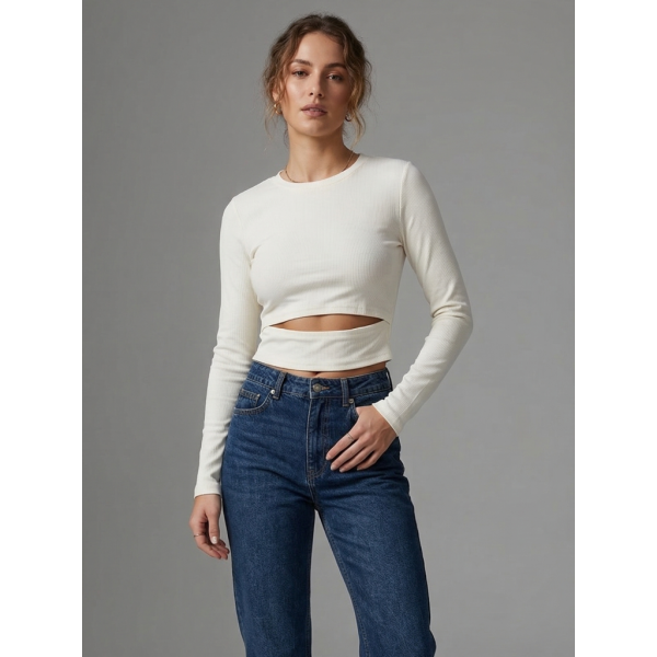 2870-104 белый женский кроп-топ ( стрейч коттон, рубчик, с разрезом, 4 ед, размери норма: 44, 46, 48, 48) Кроп-топ