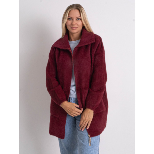 0565-51 бордовый женский кардиган (шерсть альпаки, с капюшоном, на змейке, 1 ед. универсальный полубатальный размер: 48-52) Кардиган