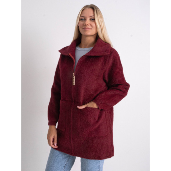 0565-51 бордовый женский кардиган (шерсть альпаки, с капюшоном, на змейке, 1 ед. универсальный полубатальный размер: 48-52) Кардиган