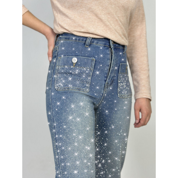 7018-5 голубые женские джинсы с камнями (New Jeans, укороченые, стрейчевые, 5 ед, размеры норма:26. 27. 29. 30, 31) Джинсы