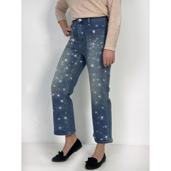 7018-5 голубые женские джинсы с камнями (New Jeans, укороченые, стрейчевые, 5 ед, размеры норма:26. 27. 29. 30, 31) Джинсы