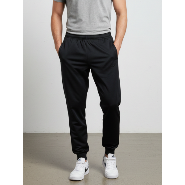 7680-11 чорні чоловічі спортивні штани (двохнитка, прихована кишеня на змійці, манжет рибана, логотип вишивка, 5од, розміри норма: 46, 48, 50,52, 54)