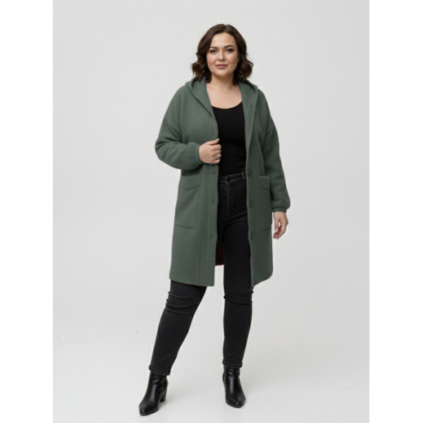0559-7 зеленый женский кардиган (шерсть альпаки, с капюшоном, 1 ед. универсальный размер батал: 56-60)
