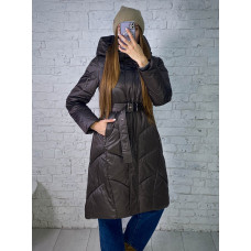5612-9 * коричнева жіноча куртка (синтипон, з ремінцем, подовжена, 4од, розміри норма: S. M. L. XL) видача наступного дня