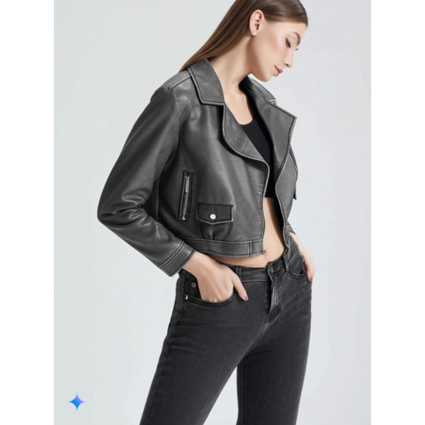 0667 сіра жіноча куртка (екошкіра, 5 од. розміри норма: S. M. M. L. XL)